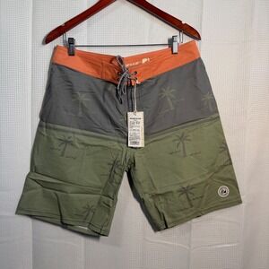 SURFCUZ Board Shorts 32 Green Gray Orange Palm Tree Print Stretch Swim Trunks‎